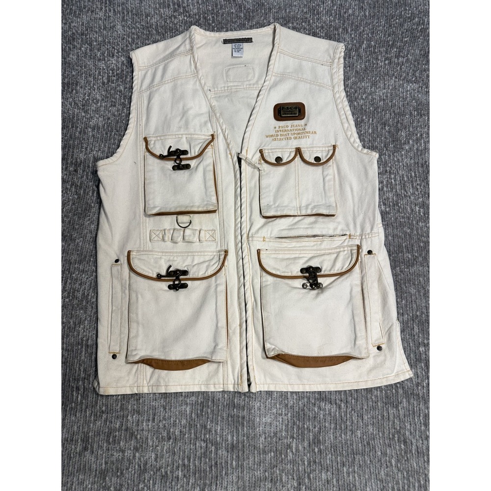 Vintage Paco Fishing Vest Zip Front Utility Mens Size M/L  Hip Hop 90's Brass